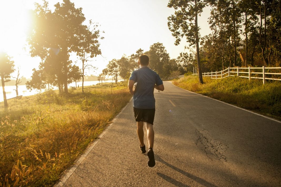 Man jogging on a country road at sunrise, illustrating steady Zone 2 cardio training